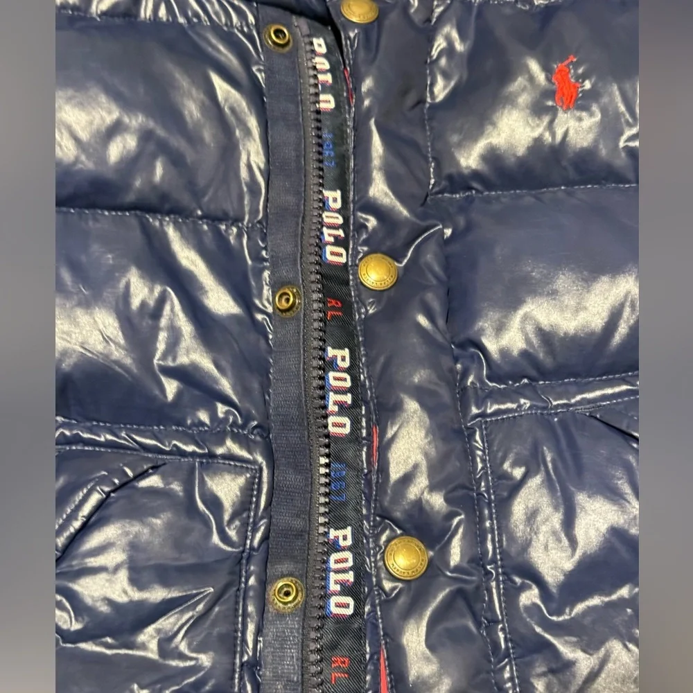 Ralph Lauren Navy Puffer Jacket 24 months Shiny Removable hood - Picture 5 of 7
